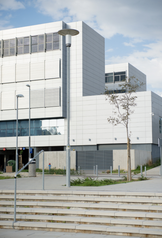 Exterior of banking building painted white